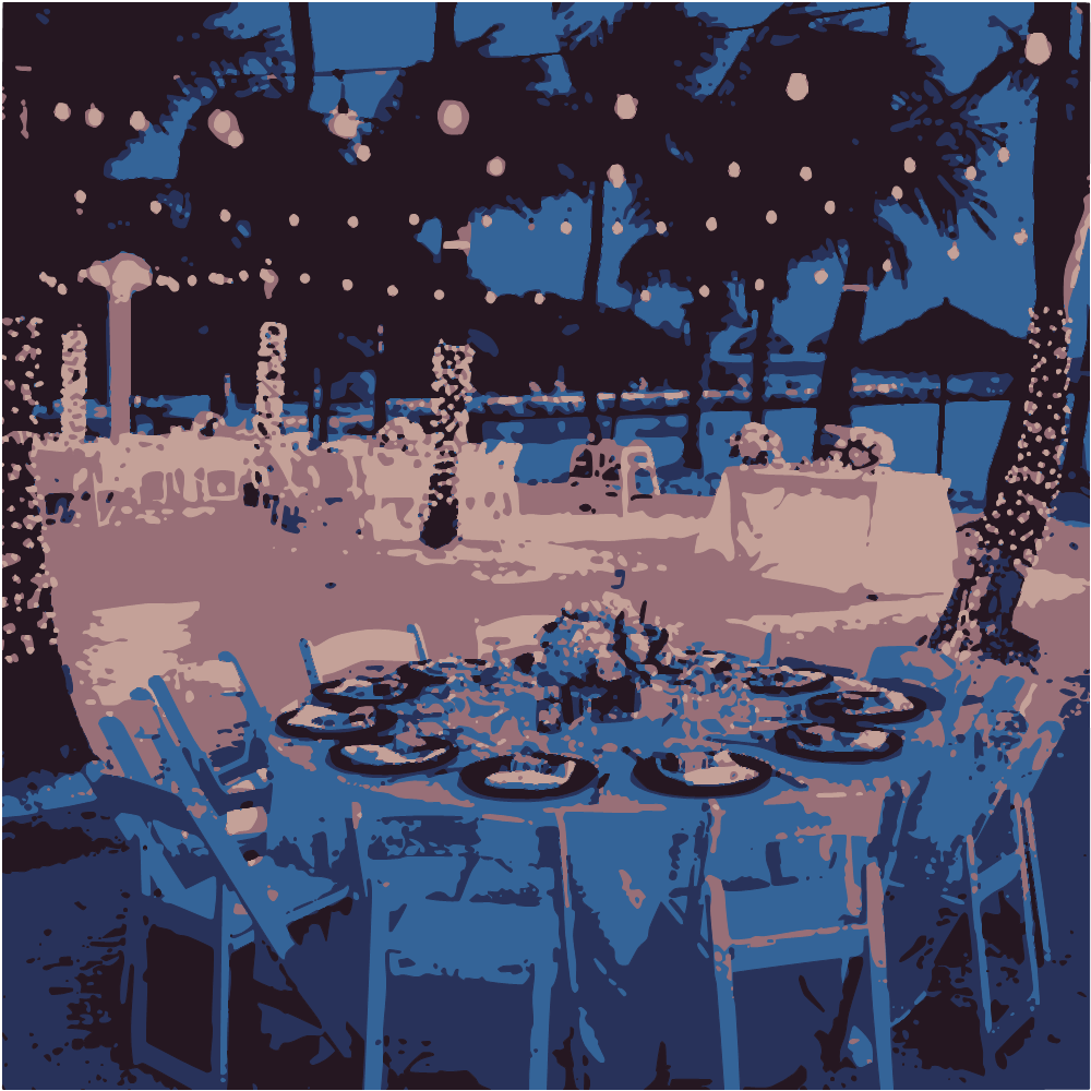 White Table With Chairs And Lighted String Lights During Night Time converted to vector