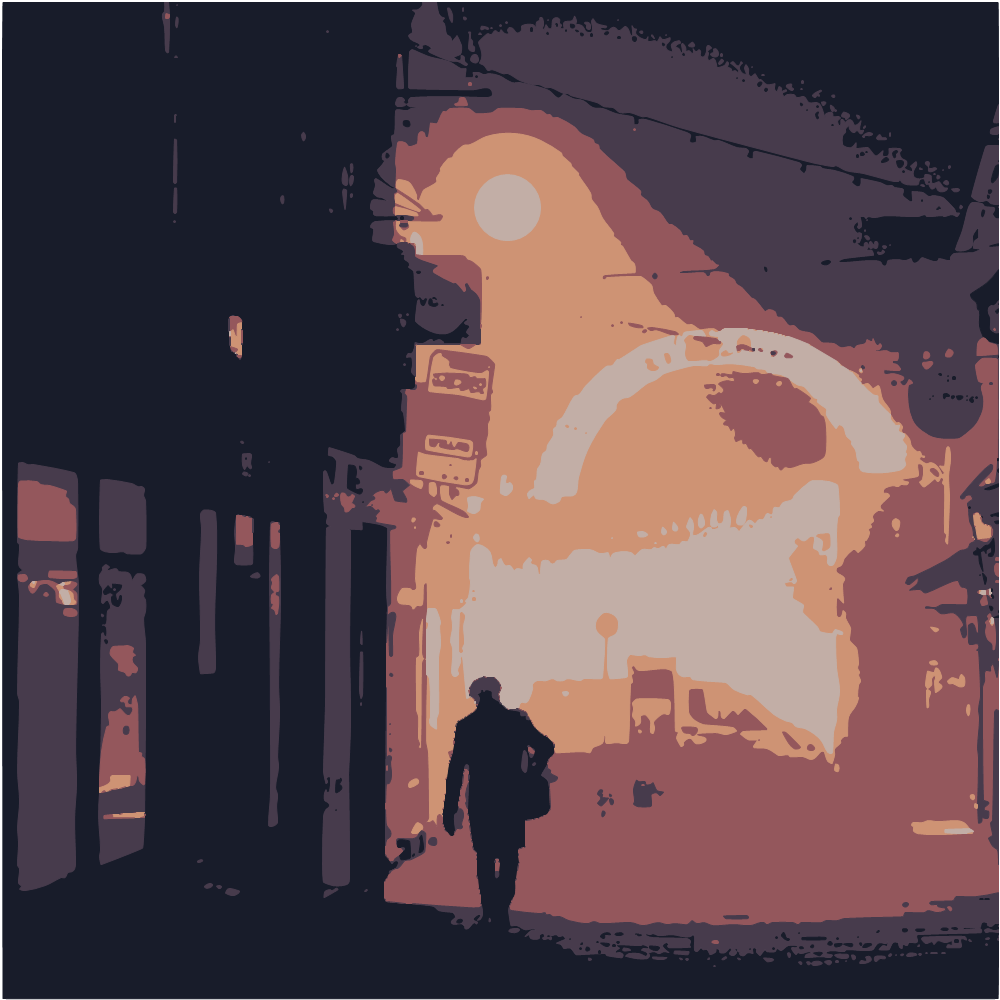 Man In Black Jacket Walking On Sidewalk During Night Time converted to vector