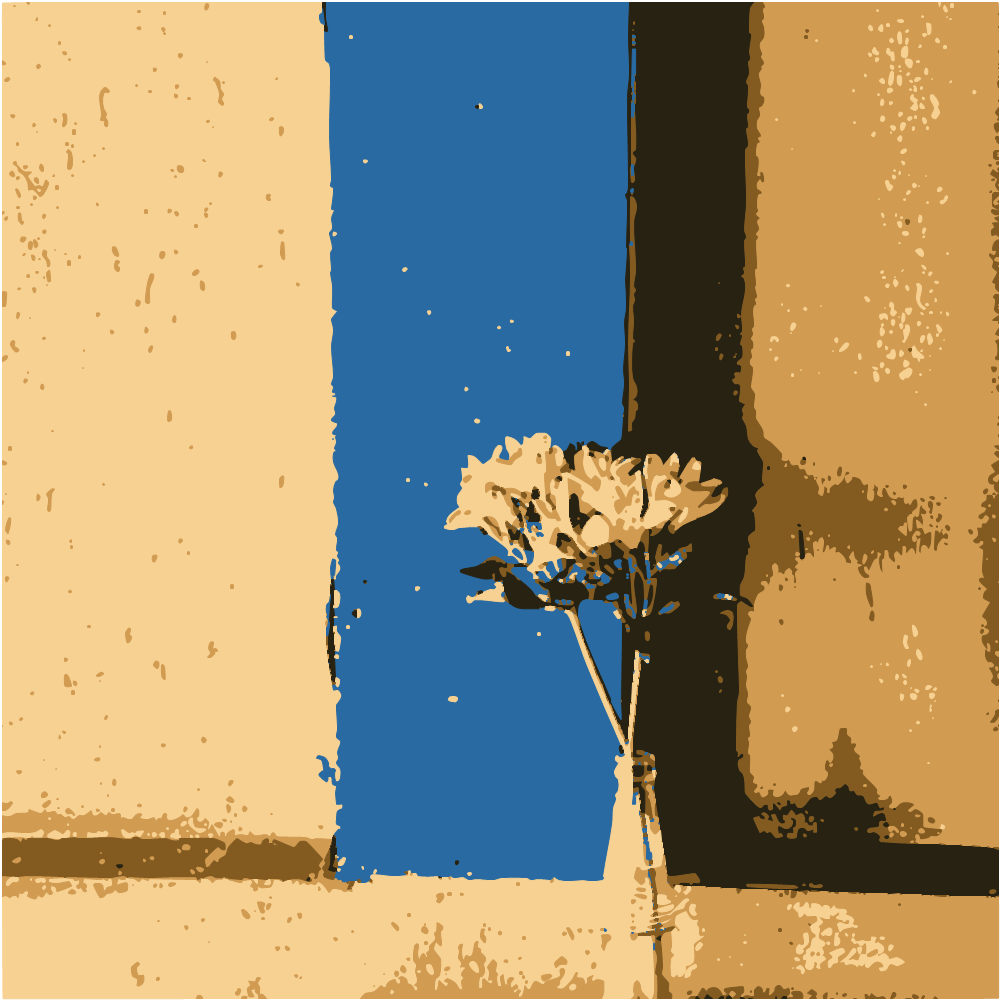 Blue Flowers In Clear Glass Vase On Brown Wooden Table converted to vector
