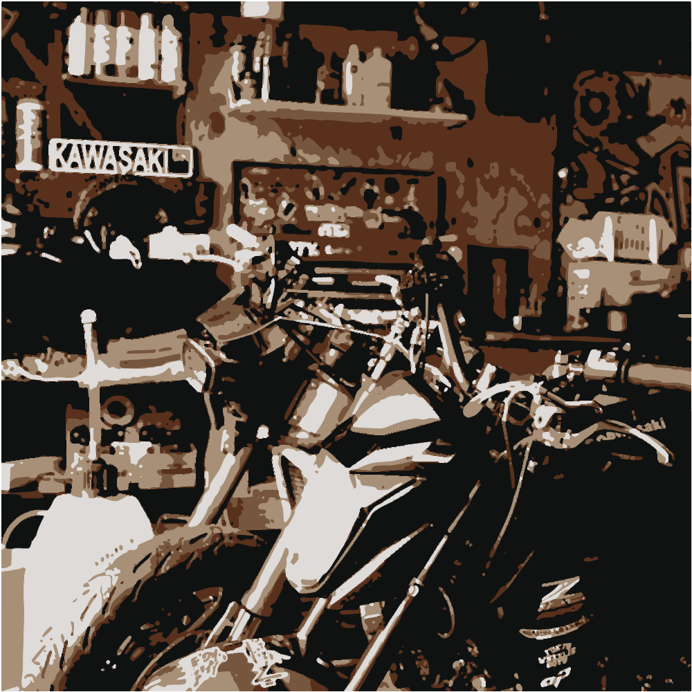 Black And White Motorcycle Parked Beside Brown Wooden Table converted to vector