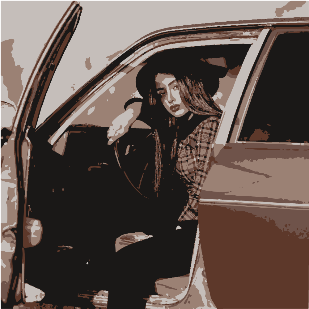 Woman In Black Leather Jacket And Black Pants Sitting On Car Door During Daytime converted to vector