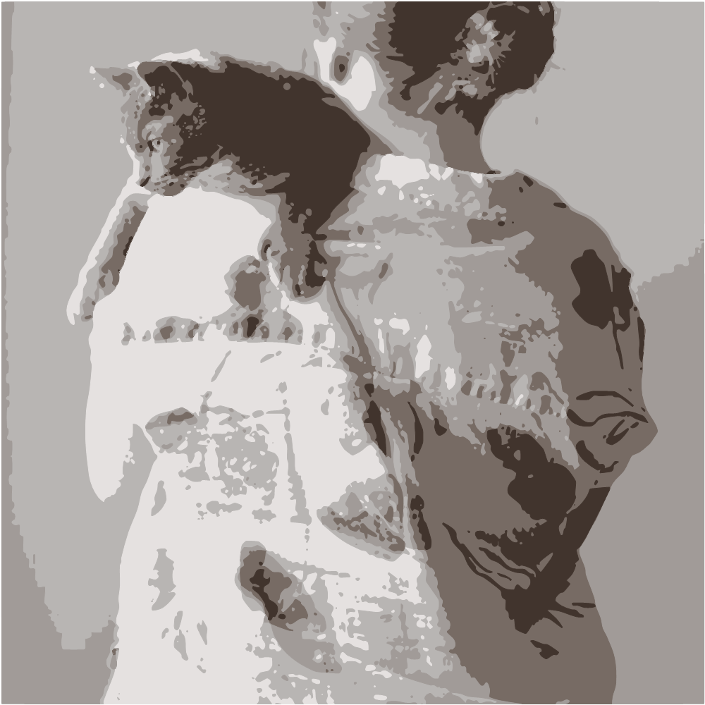 Girl In White And Orange Floral Dress Hugging Gray Cat converted to vector