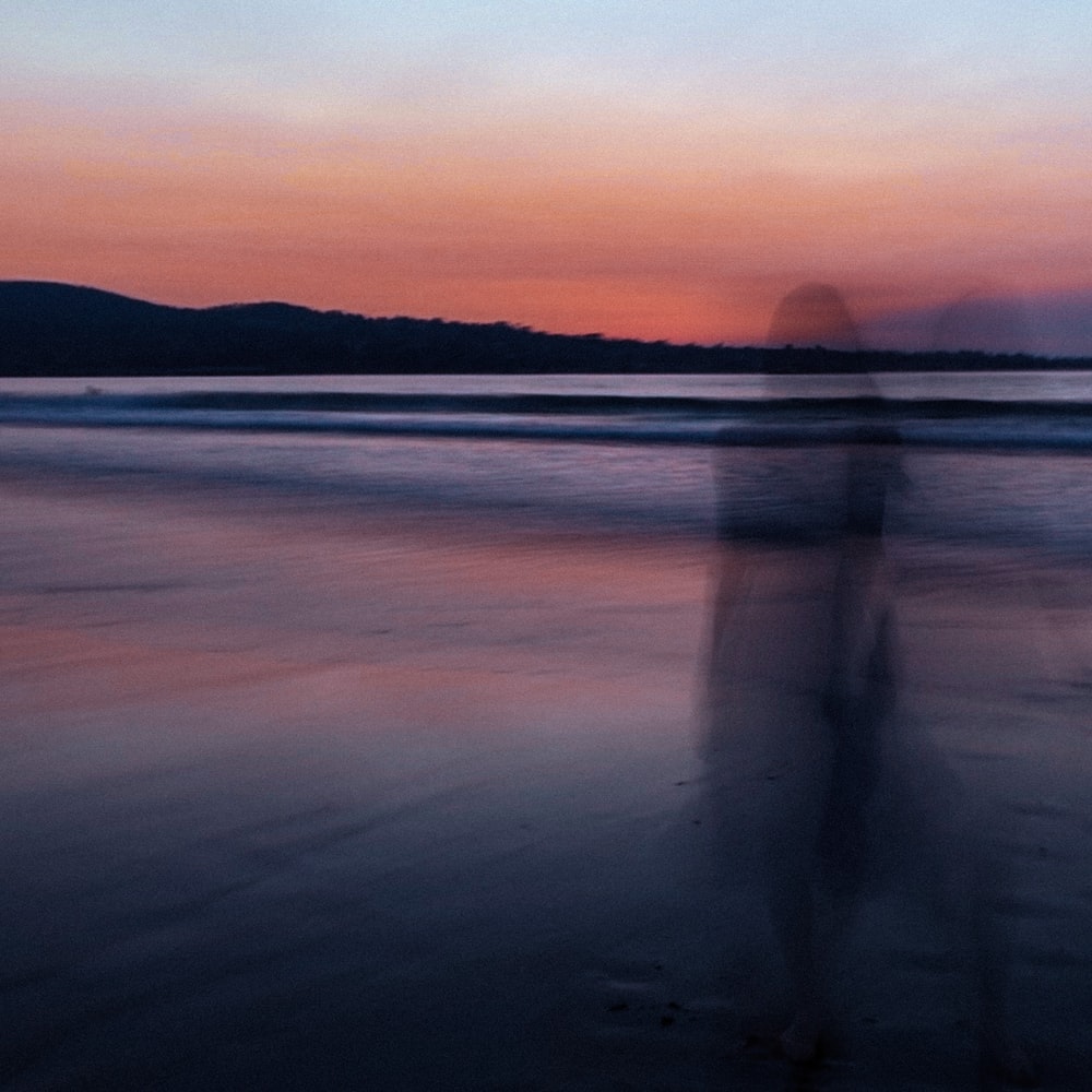 Silhouette Of Person Standing On Seashore During Sunset raster image