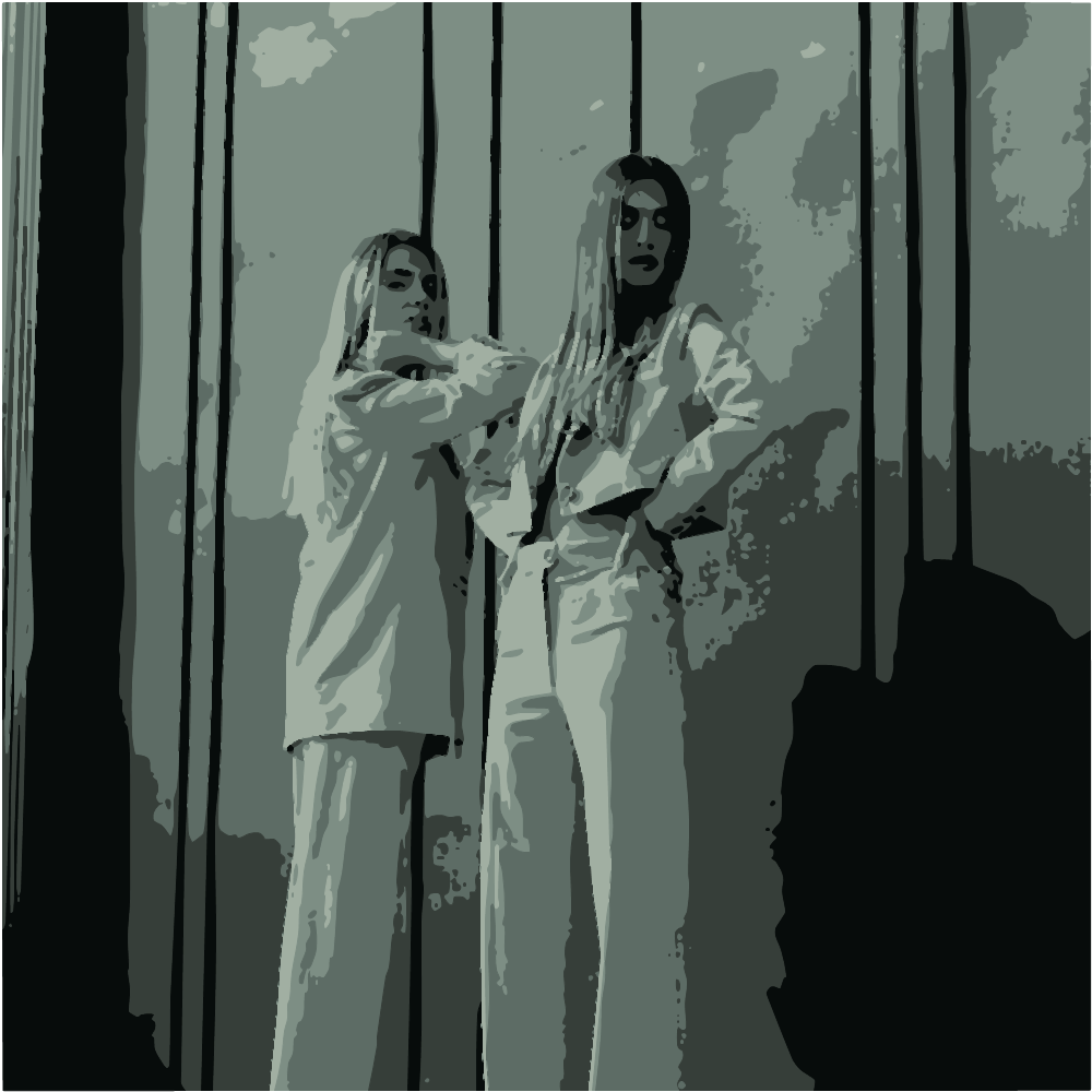 2 Women In White Long Sleeve Shirt Standing Beside Glass Window converted to vector