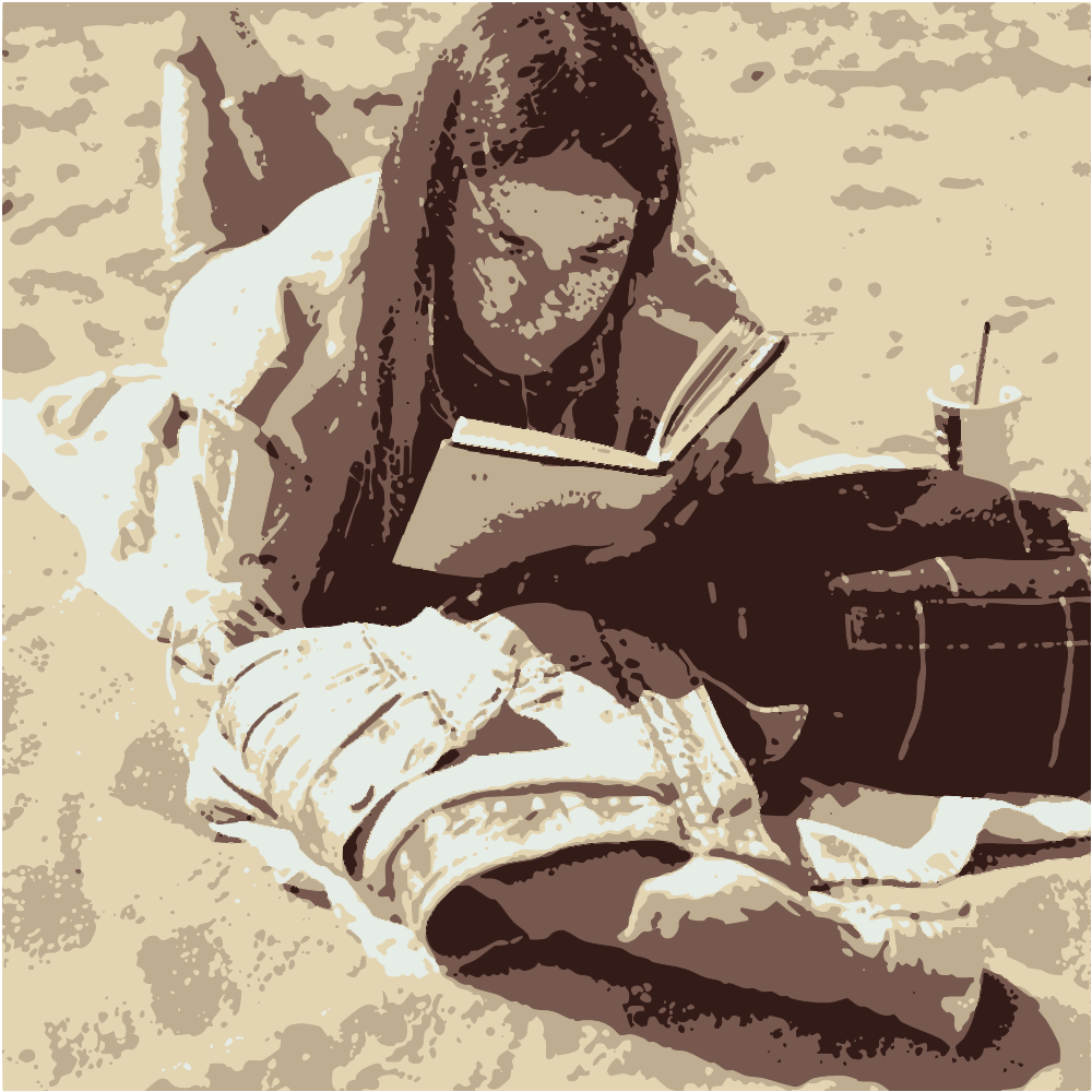 Woman In White Long Sleeve Shirt Reading Book On Beach During Daytime converted to vector
