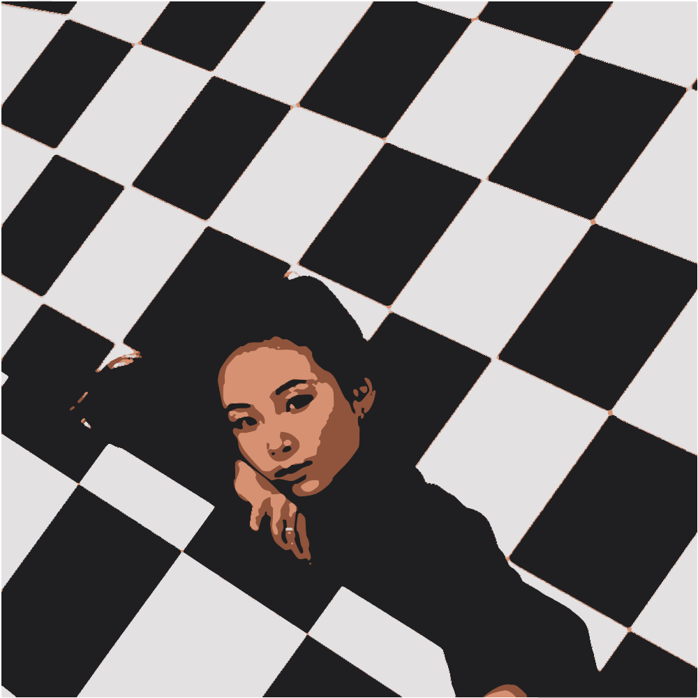 Girl In Black Long Sleeve Shirt Lying On Black And White Checkered Floor converted to vector