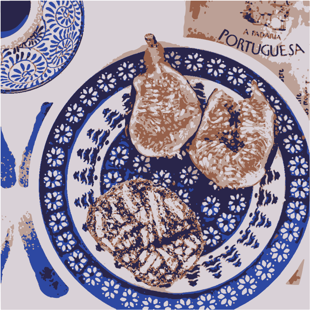 Two Brown And White Pastries On Blue And White Floral Ceramic Plate converted to vector